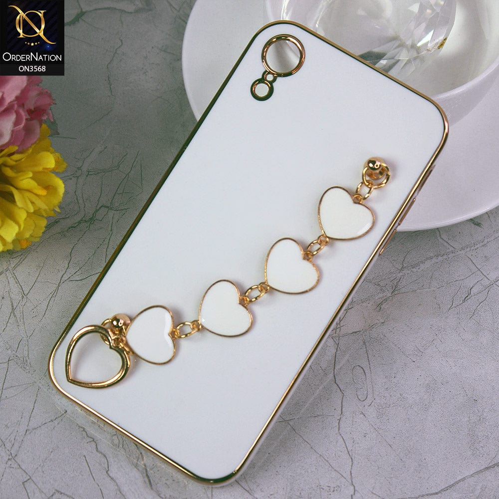 iPhone XR Cover - White - Electroplated Edges Soft Silicone Heart Chain Fingers Holder Case with Camera Protection
