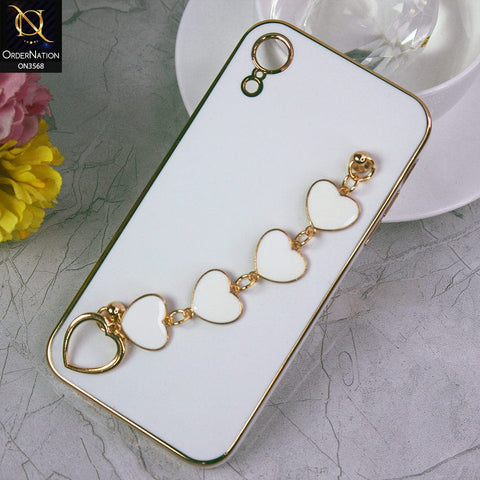 iPhone XR Cover - White - Electroplated Edges Soft Silicone Heart Chain Fingers Holder Case with Camera Protection