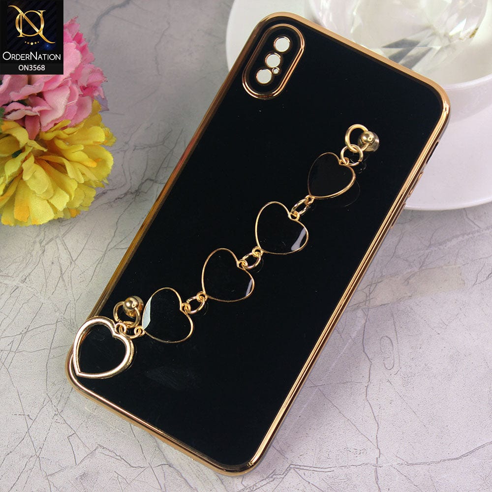 iPhone XS Max Cover - Black - Electroplated Edges Soft Silicone Heart Chain Fingers Holder Case with Camera Protection
