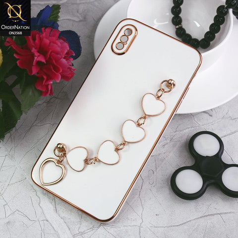 iPhone XS Max Cover - White - Electroplated Edges Soft Silicone Heart Chain Fingers Holder Case with Camera Protection
