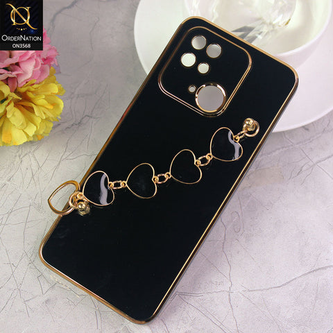 Xiaomi Redmi 10C Cover - Black - Electroplated Edges Soft Silicone Heart Chain Fingers Holder Case with Camera Protection