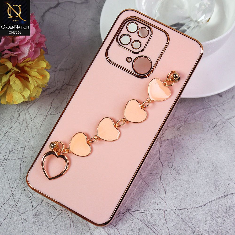 Xiaomi Redmi 10C Cover - Pink - Electroplated Edges Soft Silicone Heart Chain Fingers Holder Case with Camera Protection
