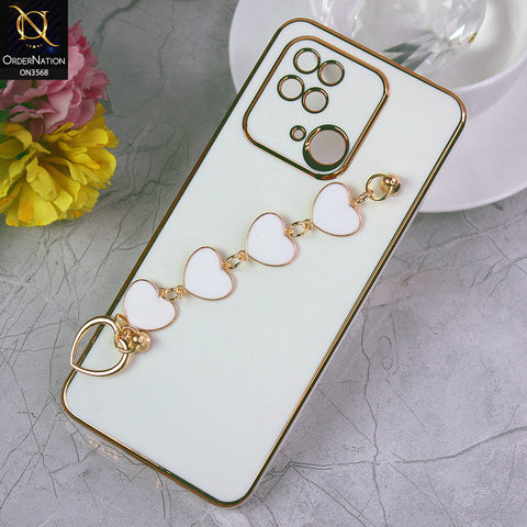 Xiaomi Redmi 10C Cover - White - Electroplated Edges Soft Silicone Heart Chain Fingers Holder Case with Camera Protection