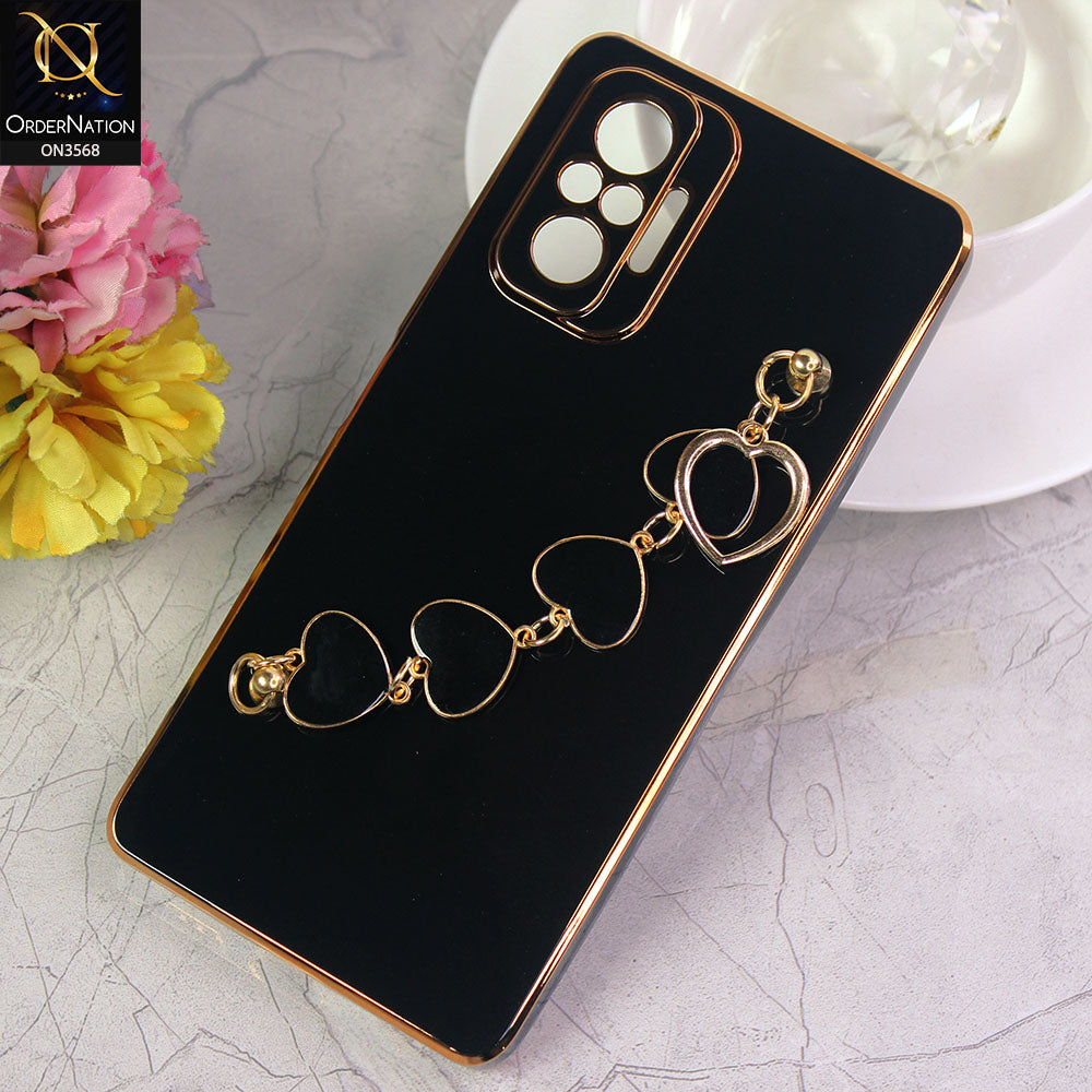 Xiaomi Redmi Note 10S Cover - Black - Electroplated Edges Soft Silicone Heart Chain Fingers Holder Case with Camera Protection