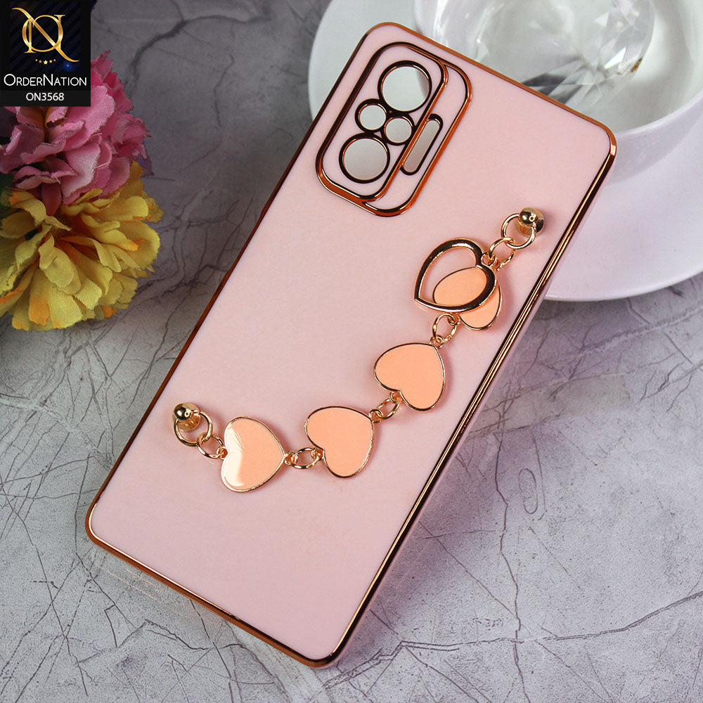 Xiaomi Redmi Note 10 4G Cover - Pink - Electroplated Edges Soft Silicone Heart Chain Fingers Holder Case with Camera Protection
