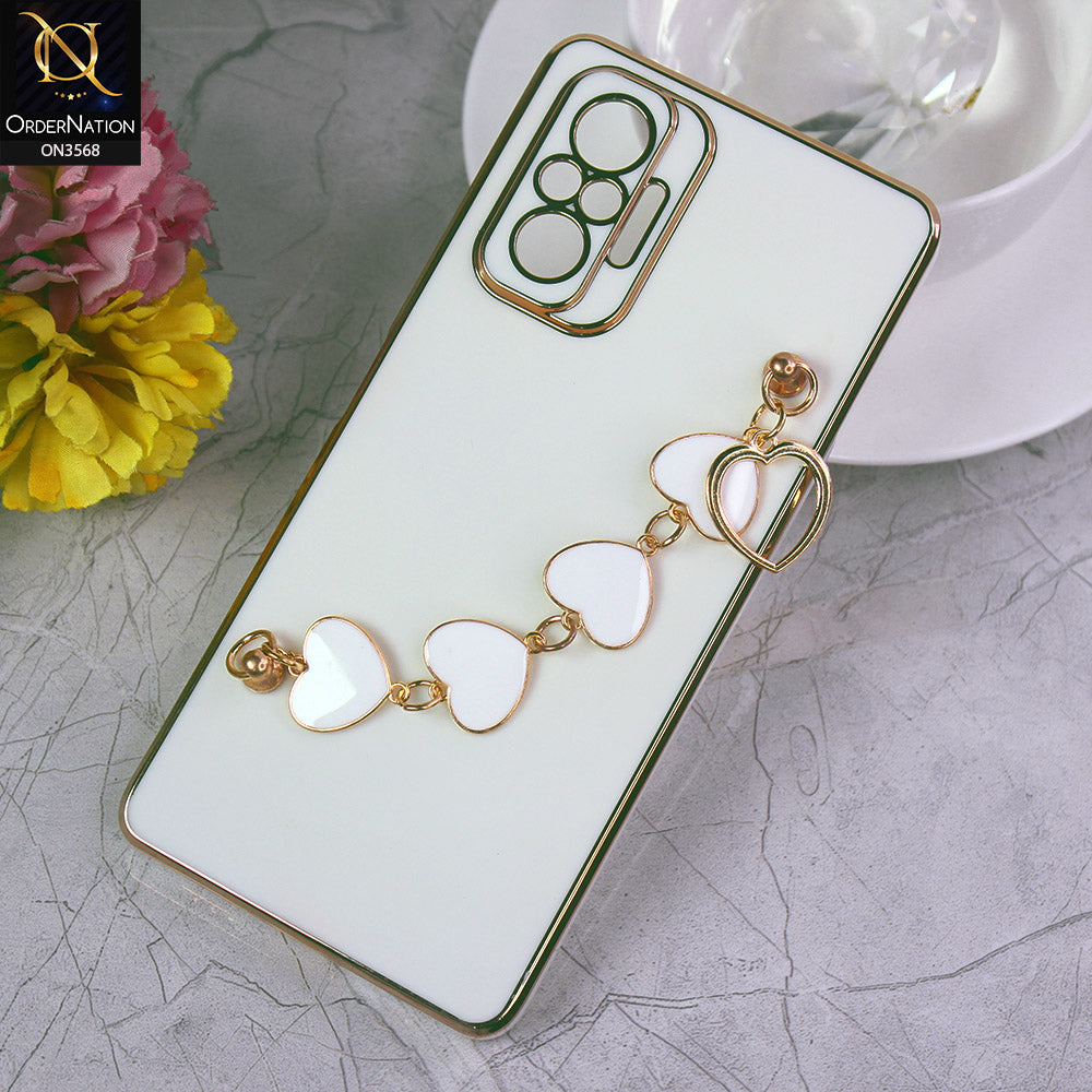 Xiaomi Redmi Note 10 4G Cover - White - Electroplated Edges Soft Silicone Heart Chain Fingers Holder Case with Camera Protection