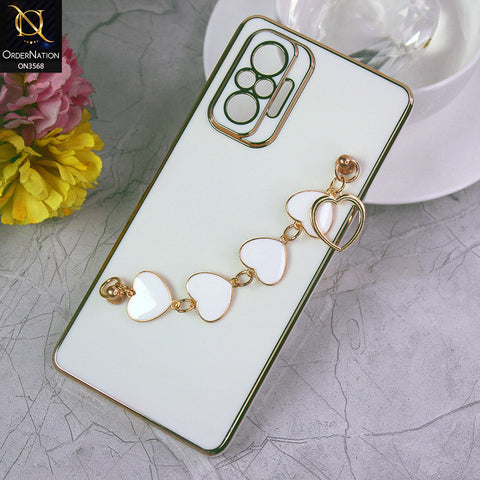 Xiaomi Redmi Note 10 4G Cover - White - Electroplated Edges Soft Silicone Heart Chain Fingers Holder Case with Camera Protection