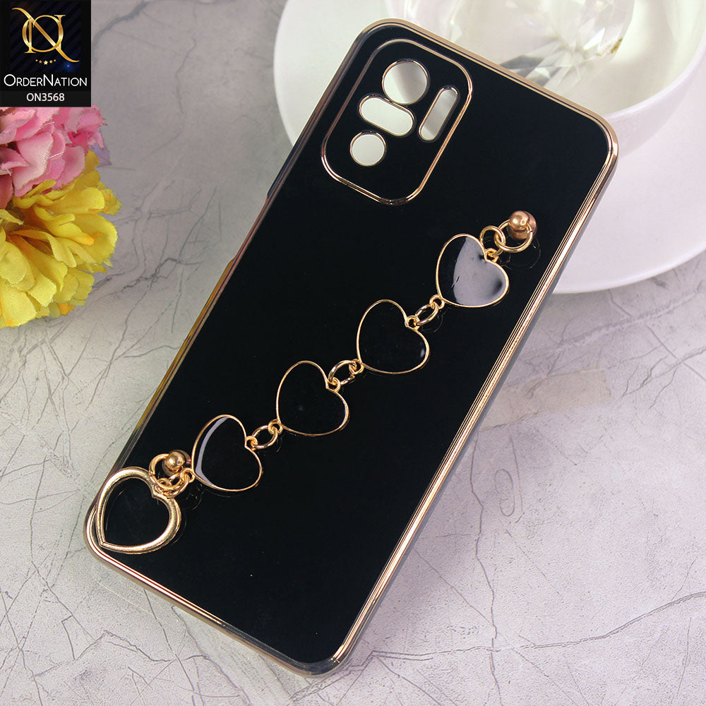 Xiaomi Redmi Note 10 Pro Max Cover - Black - Electroplated Edges Soft Silicone Heart Chain Fingers Holder Case with Camera Protection