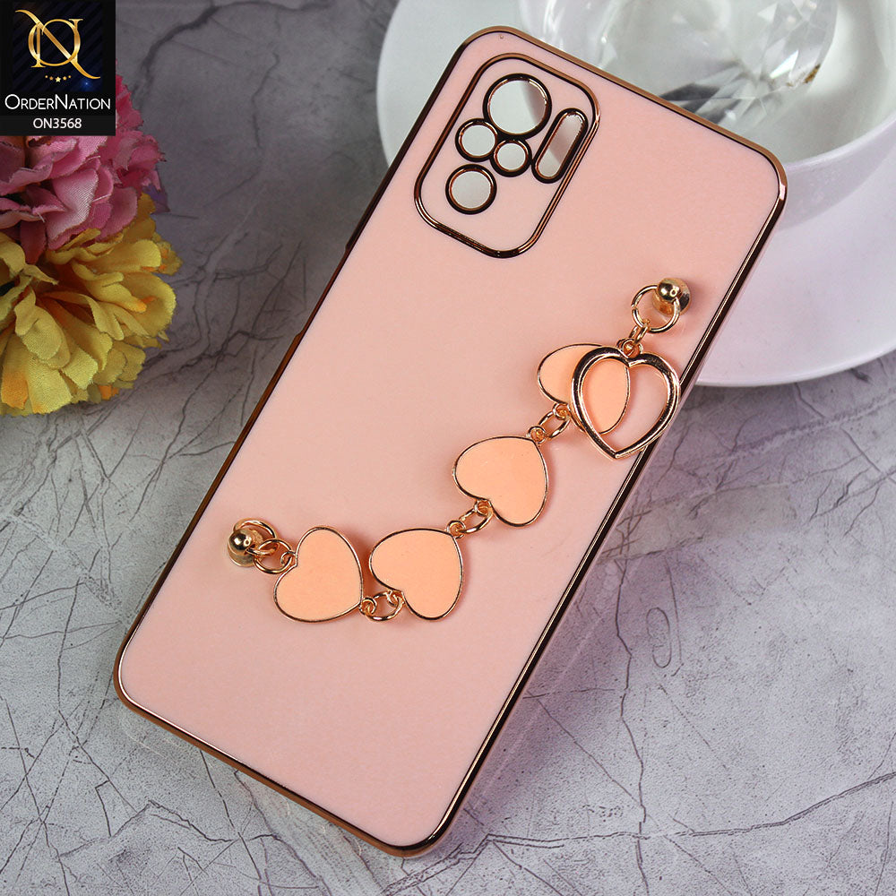 Xiaomi Redmi Note 10 Pro 4G Cover - Pink - Electroplated Edges Soft Silicone Heart Chain Fingers Holder Case with Camera Protection