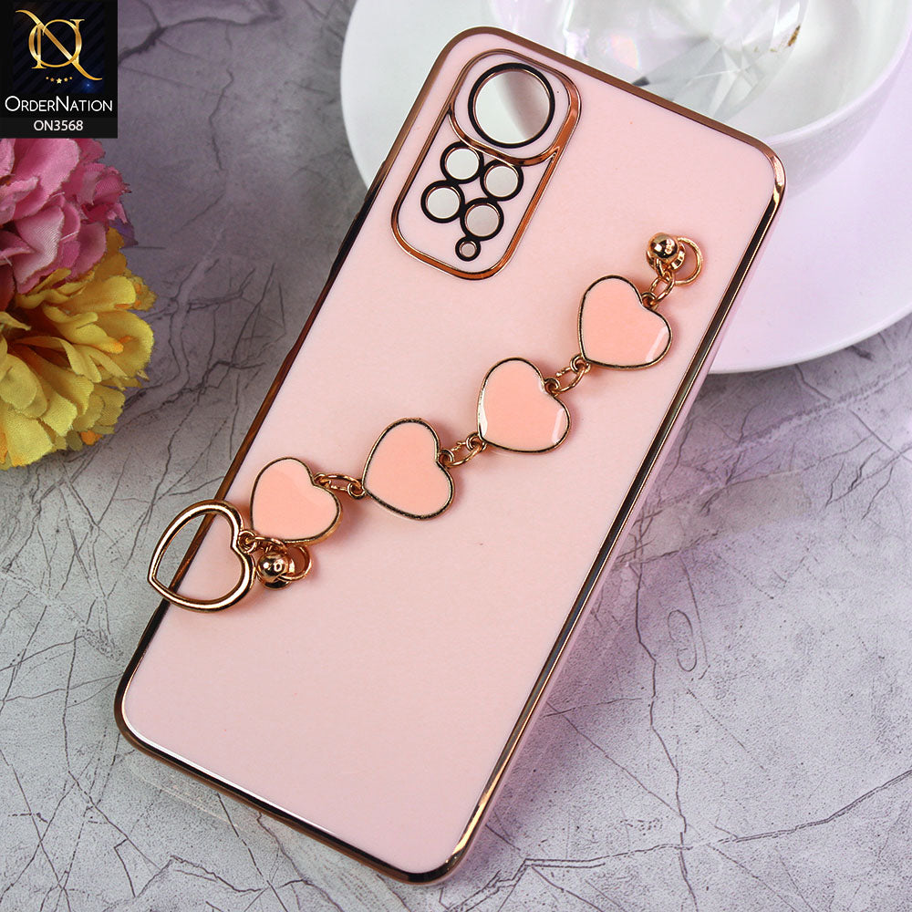 Xiaomi Redmi Note 11S Cover - Pink - Electroplated Edges Soft Silicone Heart Chain Fingers Holder Case with Camera Protection