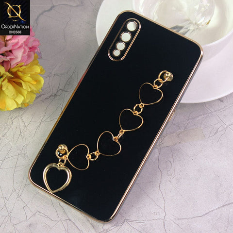 Vivo S1 Cover - Black - Electroplated Edges Soft Silicone Heart Chain Fingers Holder Case with Camera Protection