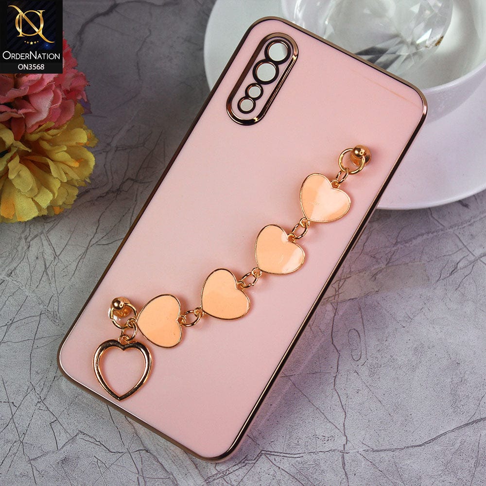 Vivo S1 Cover - Pink - Electroplated Edges Soft Silicone Heart Chain Fingers Holder Case with Camera Protection