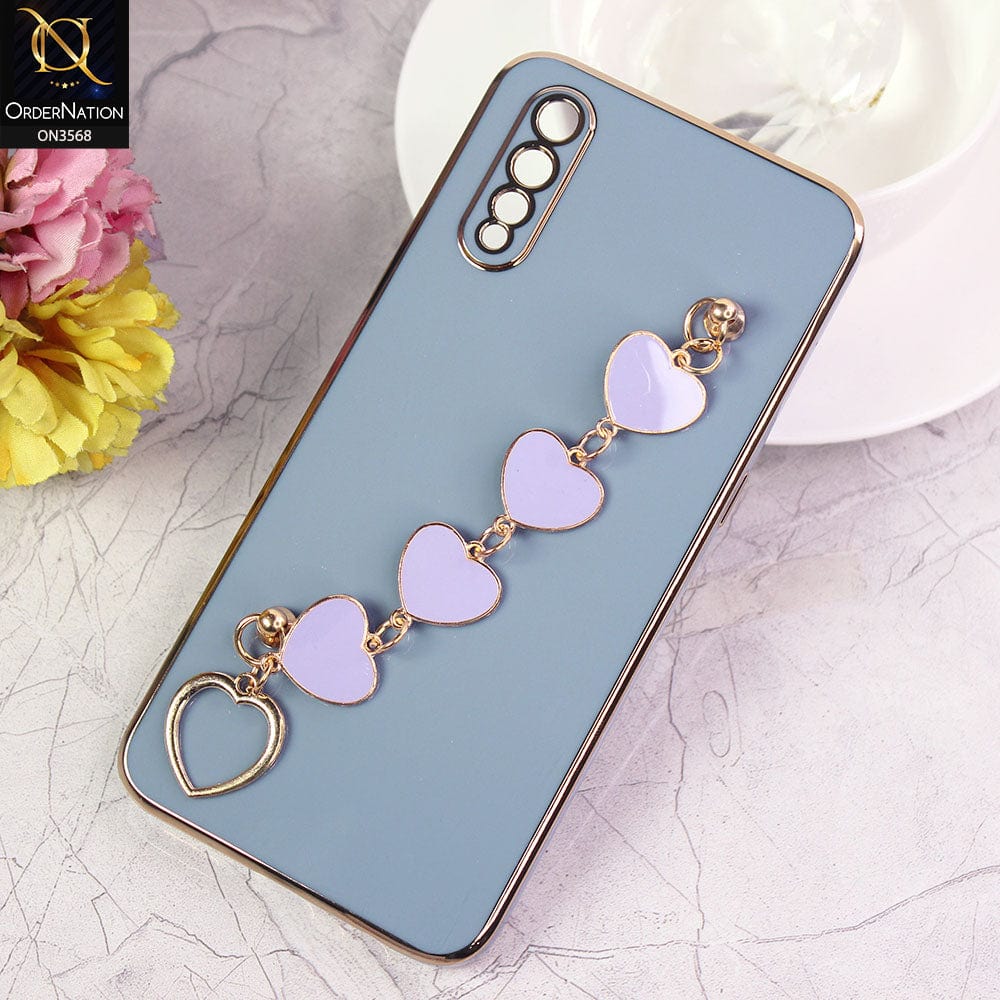Vivo S1 Cover - Sierra Blue - Electroplated Edges Soft Silicone Heart Chain Fingers Holder Case with Camera Protection