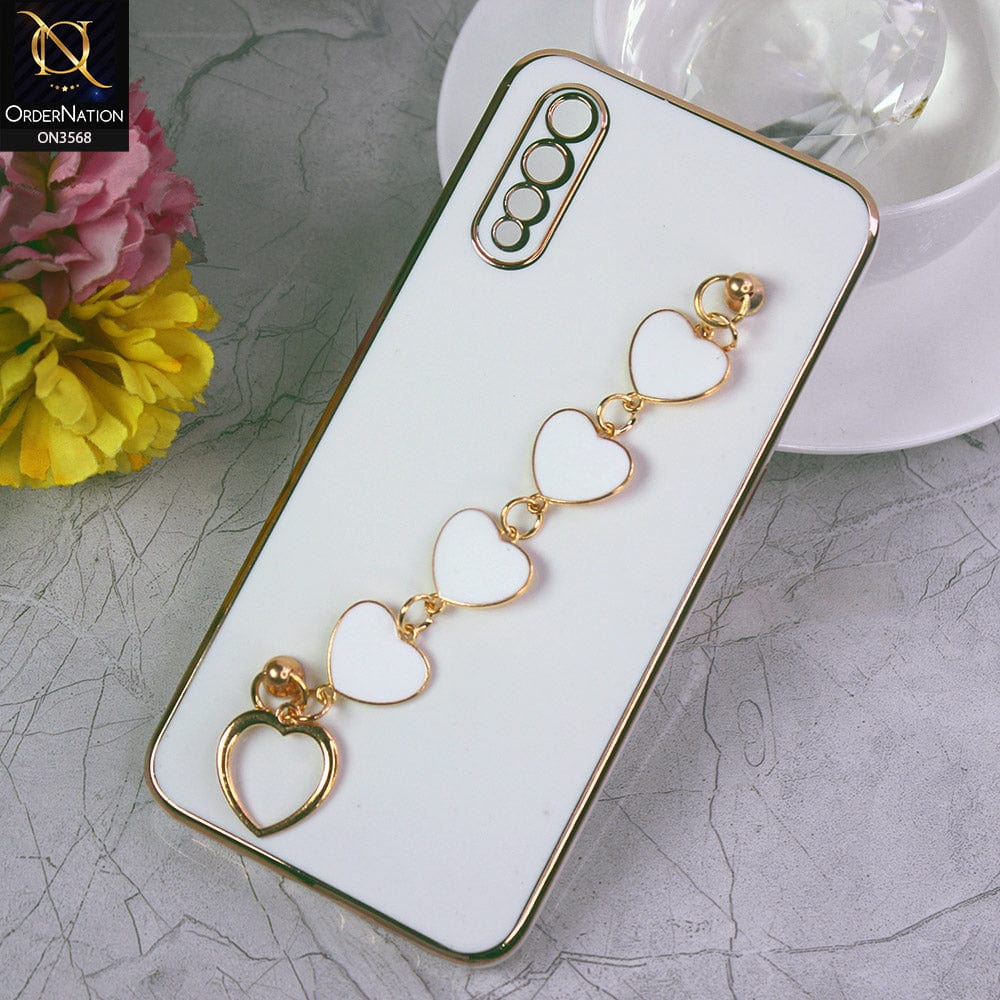 Vivo S1 Cover - White - Electroplated Edges Soft Silicone Heart Chain Fingers Holder Case with Camera Protection