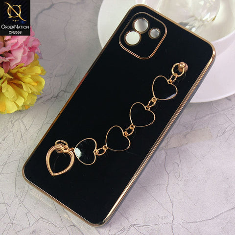 Samsung Galaxy A03 Cover - Black - Electroplated Edges Soft Silicone Heart Chain Fingers Holder Case with Camera Protection