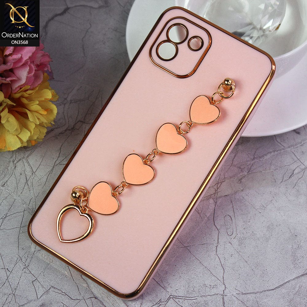 Samsung Galaxy A03 Cover - Pink - Electroplated Edges Soft Silicone Heart Chain Fingers Holder Case with Camera Protection