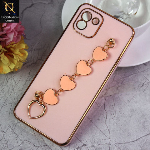Samsung Galaxy A03 Cover - Pink - Electroplated Edges Soft Silicone Heart Chain Fingers Holder Case with Camera Protection
