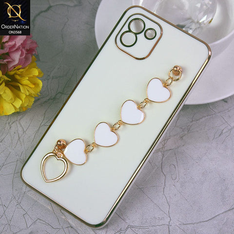 Samsung Galaxy A03 Cover - White - Electroplated Edges Soft Silicone Heart Chain Fingers Holder Case with Camera Protection