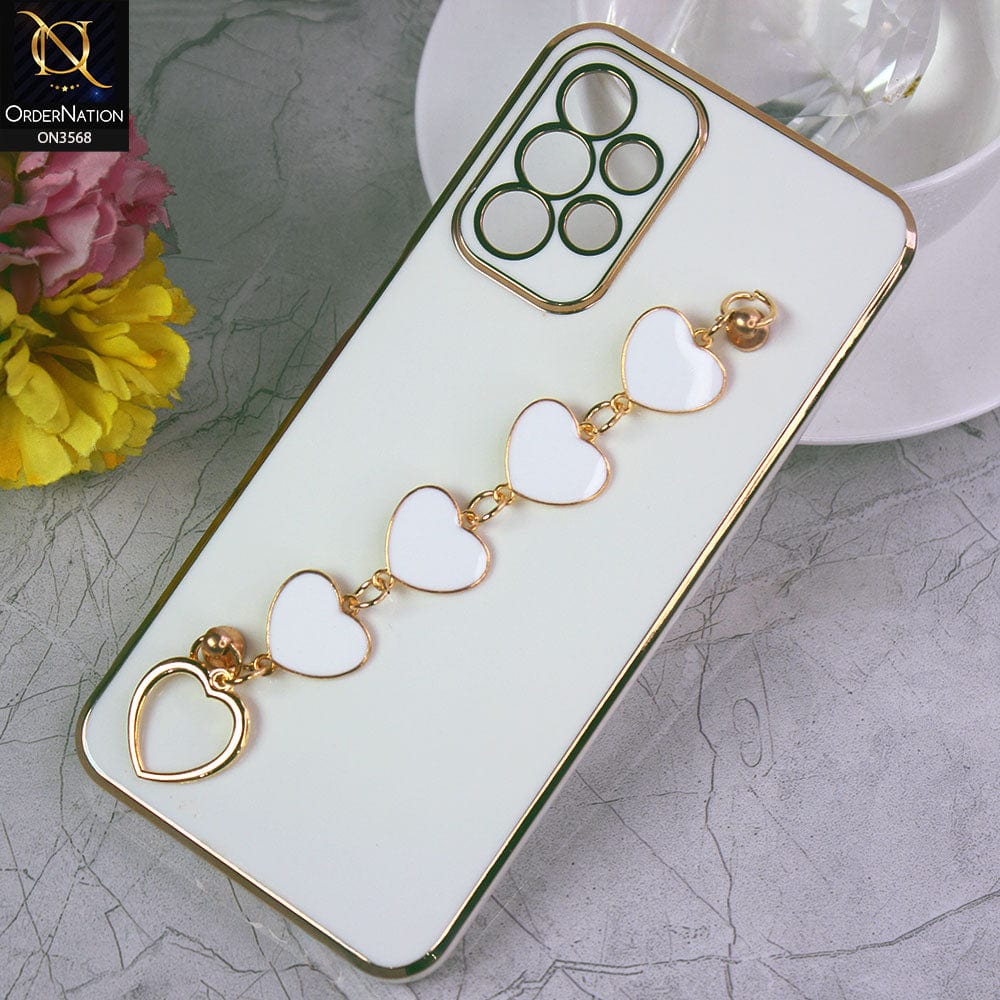 Samsung Galaxy A23 Cover - White - Electroplated Edges Soft Silicone Heart Chain Fingers Holder Case with Camera Protection