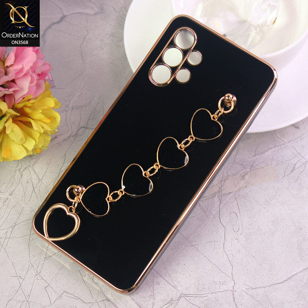 Samsung Galaxy A32 Cover - Black - Electroplated Edges Soft Silicone Heart Chain Fingers Holder Case with Camera Protection