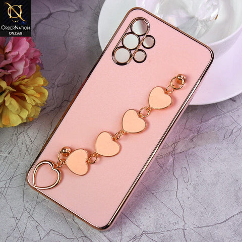 Samsung Galaxy A32 Cover - Pink - Electroplated Edges Soft Silicone Heart Chain Fingers Holder Case with Camera Protection