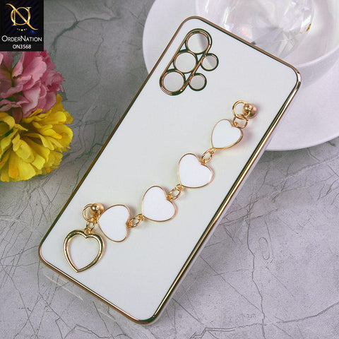 Samsung Galaxy A32 Cover - White - Electroplated Edges Soft Silicone Heart Chain Fingers Holder Case with Camera Protection