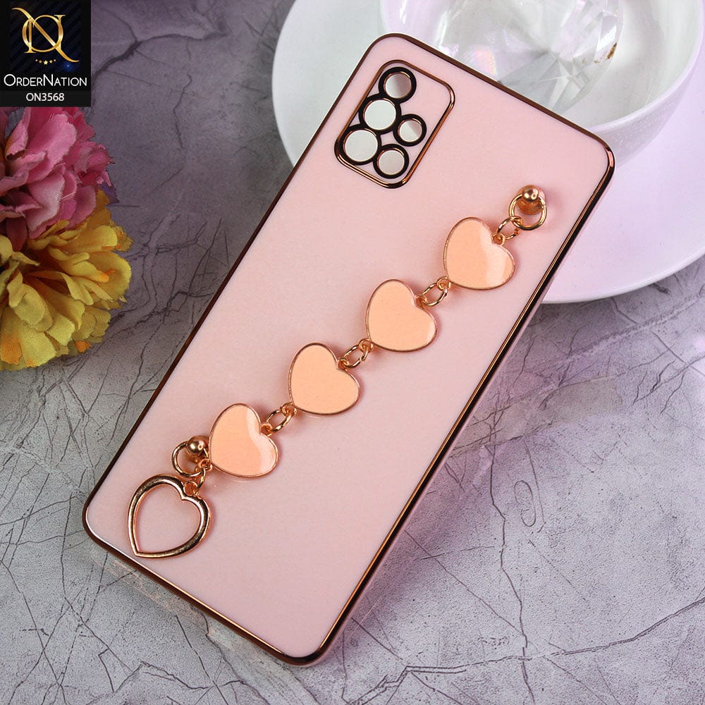 Samsung Galaxy A51 Cover - Pink - Electroplated Edges Soft Silicone Heart Chain Fingers Holder Case with Camera Protection