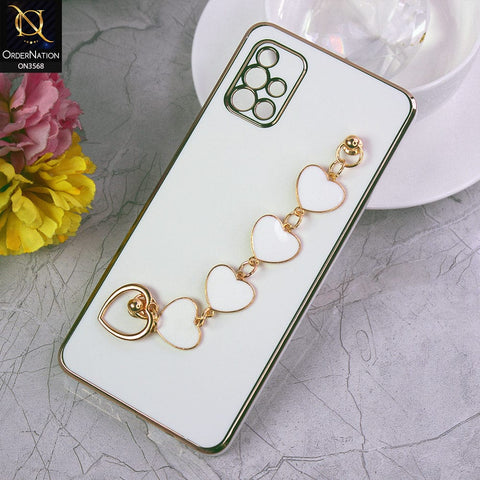 Samsung Galaxy A51 Cover - White - Electroplated Edges Soft Silicone Heart Chain Fingers Holder Case with Camera Protection