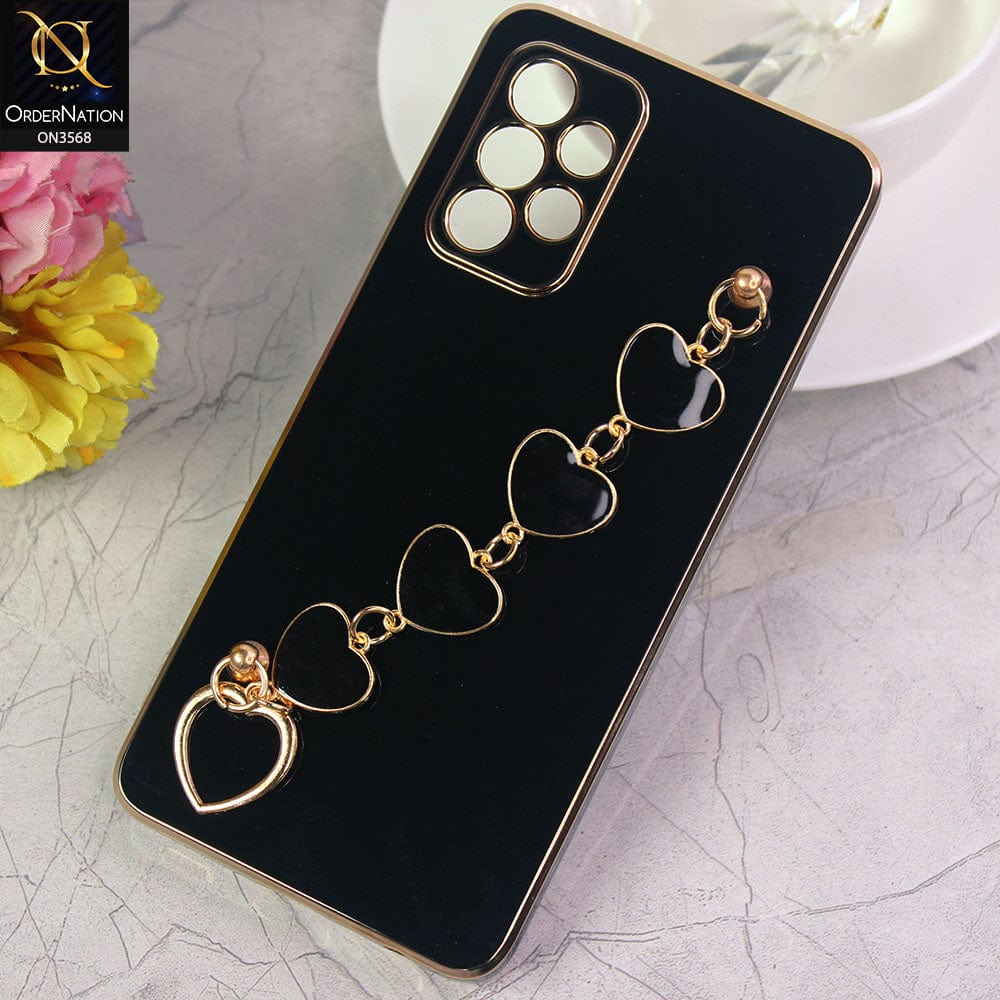 Samsung Galaxy A52 Cover - Black - Electroplated Edges Soft Silicone Heart Chain Fingers Holder Case with Camera Protection