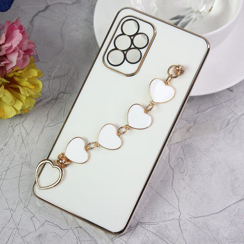 Samsung Galaxy A52 Cover - White - Electroplated Edges Soft Silicone Heart Chain Fingers Holder Case with Camera Protection