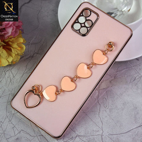 Samsung Galaxy A71 Cover - Pink - Electroplated Edges Soft Silicone Heart Chain Fingers Holder Case with Camera Protection
