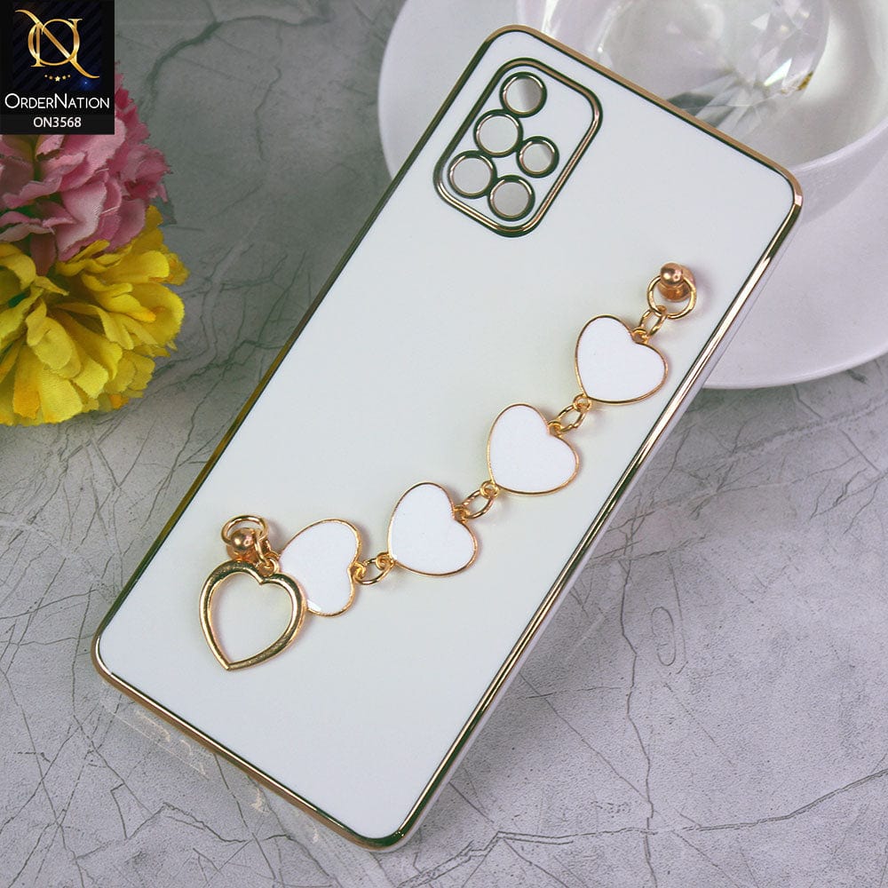 Samsung Galaxy A71 Cover - White - Electroplated Edges Soft Silicone Heart Chain Fingers Holder Case with Camera Protection