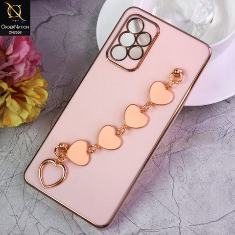 Samsung Galaxy A72 Cover - Pink - Electroplated Edges Soft Silicone Heart Chain Fingers Holder Case with Camera Protection