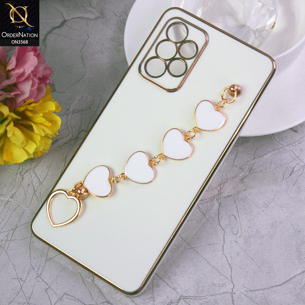 Samsung Galaxy A72 Cover - White - Electroplated Edges Soft Silicone Heart Chain Fingers Holder Case with Camera Protection