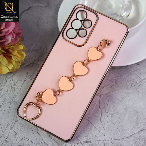 Samsung Galaxy A73 5G Cover - Pink - Electroplated Edges Soft Silicone Heart Chain Fingers Holder Case with Camera Protection