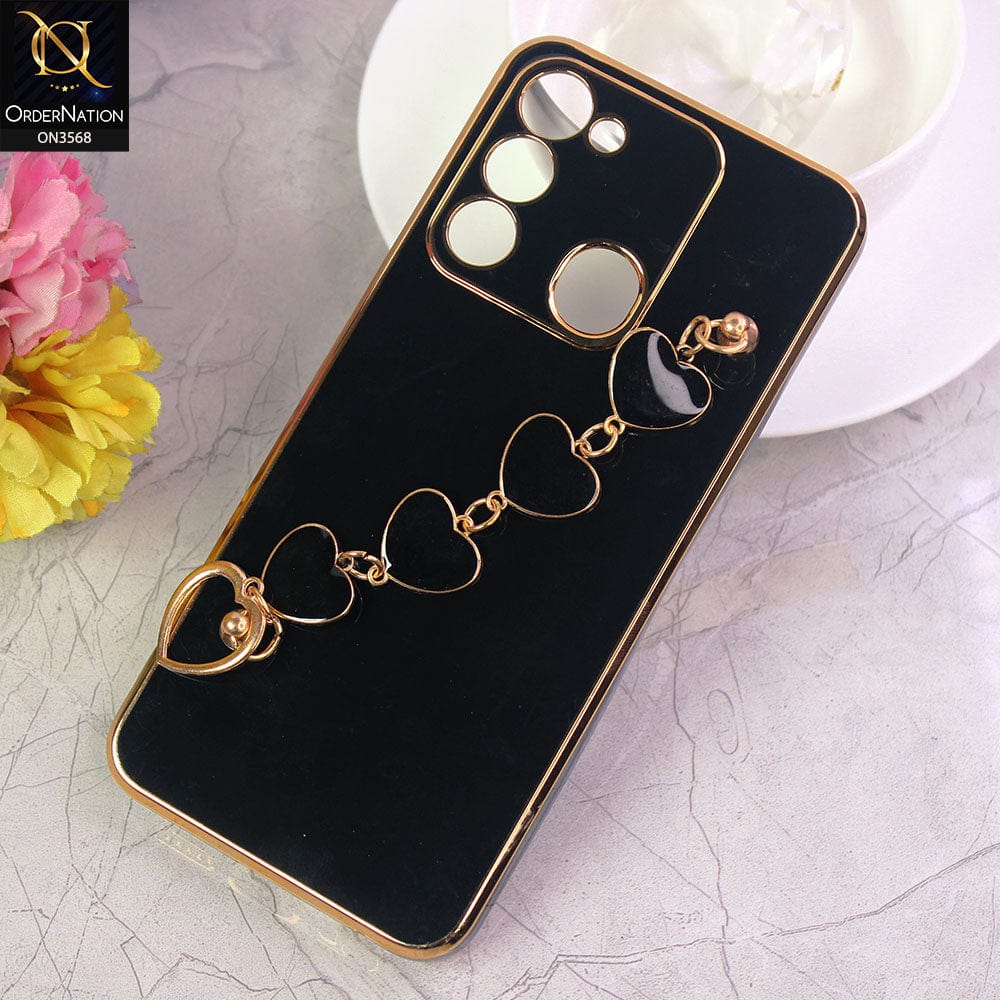 Tecno Spark 8C Cover - Black - Electroplated Edges Soft Silicone Heart Chain Fingers Holder Case with Camera Protection