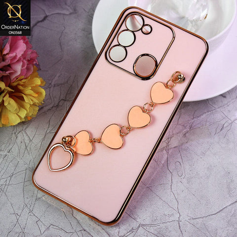 Tecno Spark 8C Cover - Pink - Electroplated Edges Soft Silicone Heart Chain Fingers Holder Case with Camera Protection