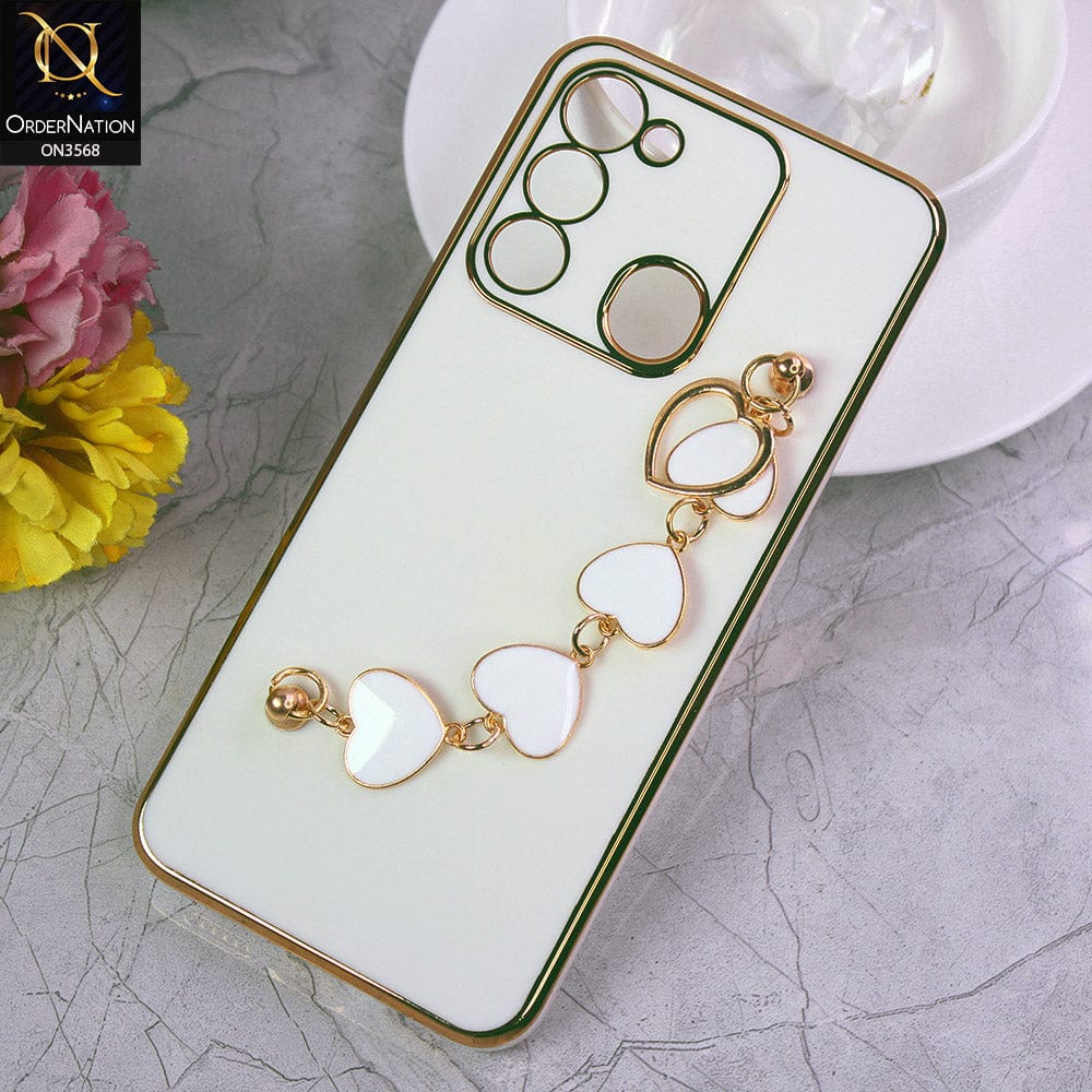 Tecno Spark 8C Cover - White - Electroplated Edges Soft Silicone Heart Chain Fingers Holder Case with Camera Protection