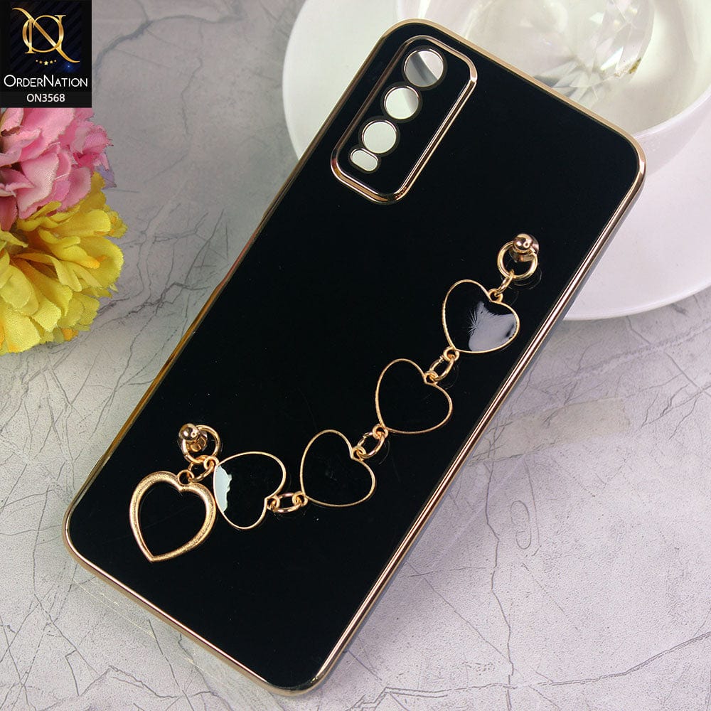 Vivo Y12s Cover - Black - Electroplated Edges Soft Silicone Heart Chain Fingers Holder Case with Camera Protection
