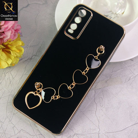 Vivo Y12s Cover - Black - Electroplated Edges Soft Silicone Heart Chain Fingers Holder Case with Camera Protection