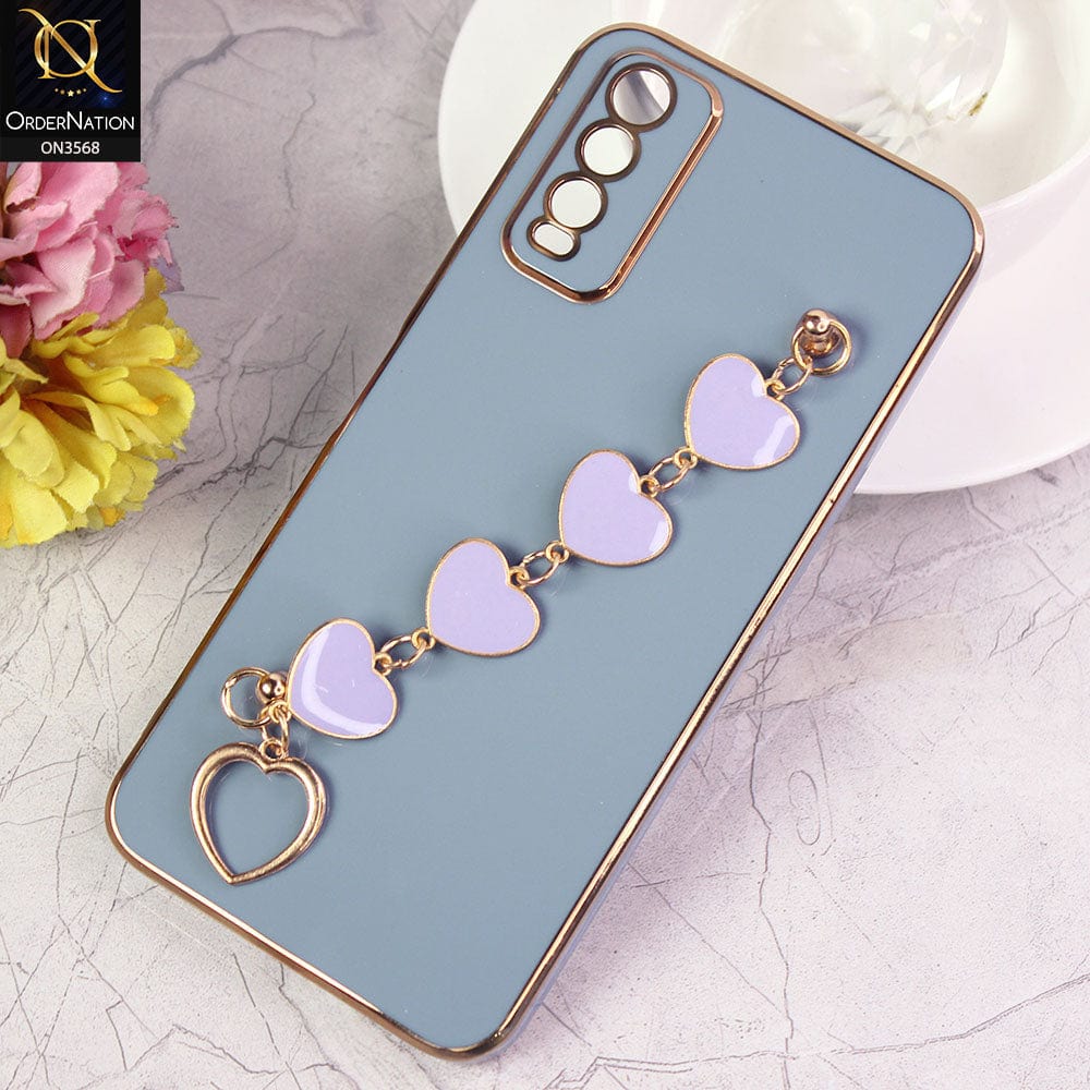 Vivo Y12s Cover - Sierra Blue - Electroplated Edges Soft Silicone Heart Chain Fingers Holder Case with Camera Protection