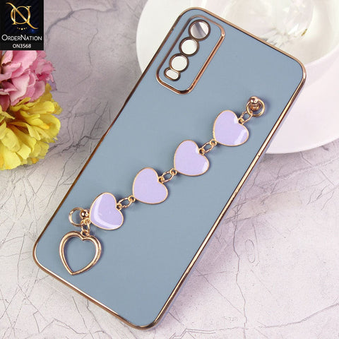 Vivo Y12s Cover - Sierra Blue - Electroplated Edges Soft Silicone Heart Chain Fingers Holder Case with Camera Protection