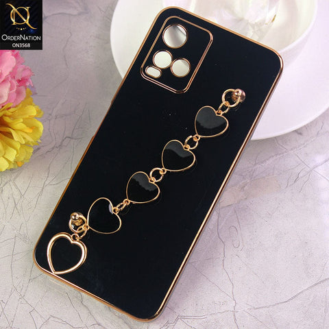 Vivo Y21a Cover - Black - Electroplated Edges Soft Silicone Heart Chain Fingers Holder Case with Camera Protection
