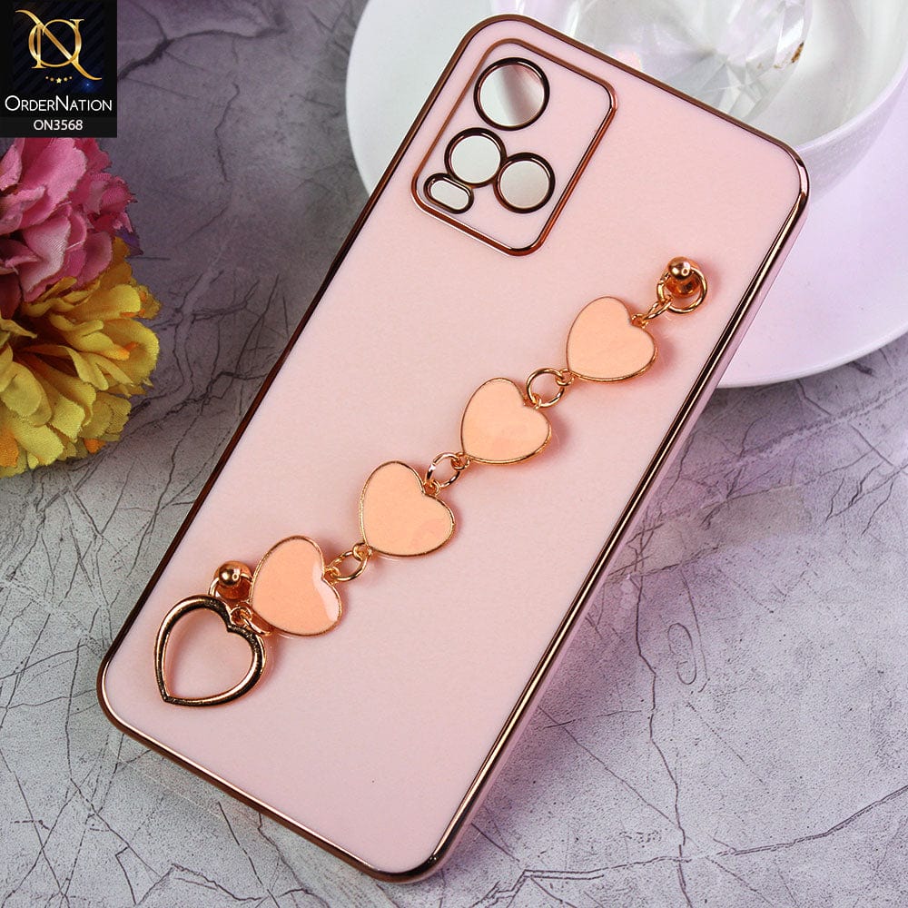 Vivo Y21a Cover - Pink - Electroplated Edges Soft Silicone Heart Chain Fingers Holder Case with Camera Protection