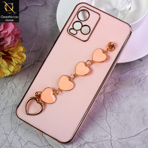 Vivo Y21a Cover - Pink - Electroplated Edges Soft Silicone Heart Chain Fingers Holder Case with Camera Protection