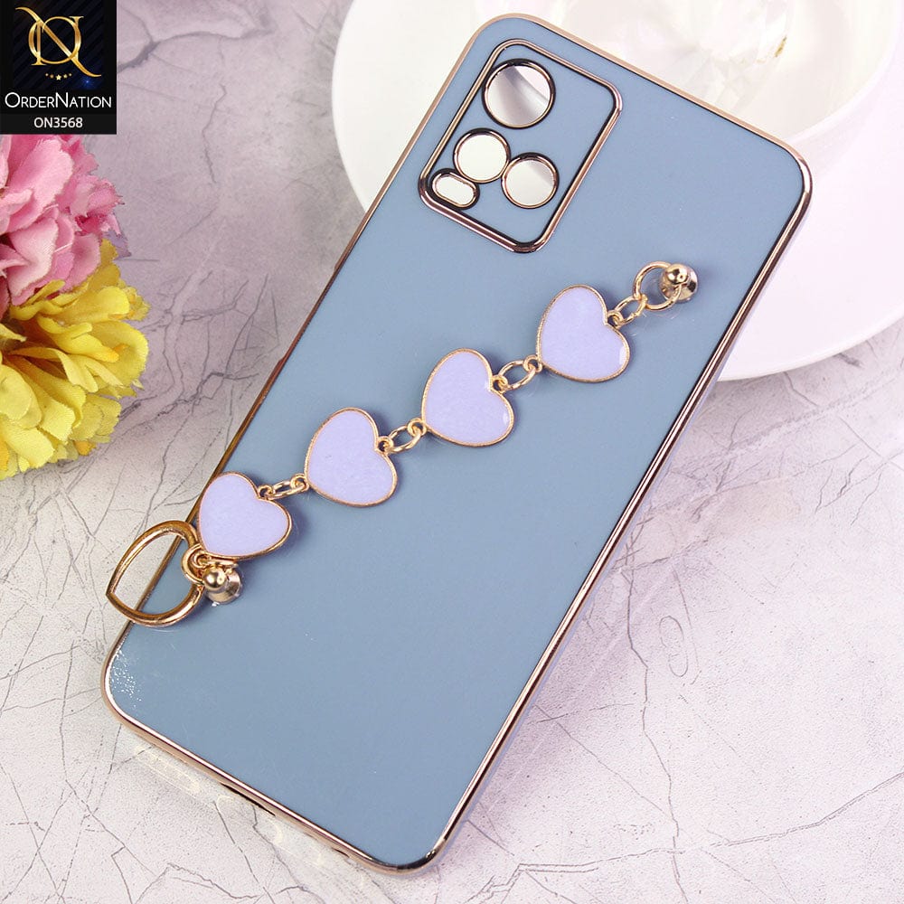 Vivo Y21t Cover - Sierra Blue - Electroplated Edges Soft Silicone Heart Chain Fingers Holder Case with Camera Protection