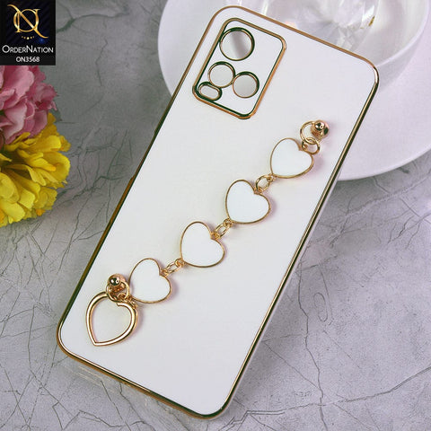 Vivo Y21a Cover - White - Electroplated Edges Soft Silicone Heart Chain Fingers Holder Case with Camera Protection