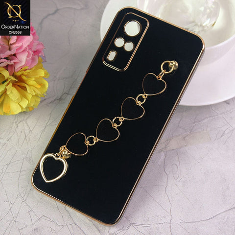 Vivo Y51 (2020 December) Cover - Black - Electroplated Edges Soft Silicone Heart Chain Fingers Holder Case with Camera Protection