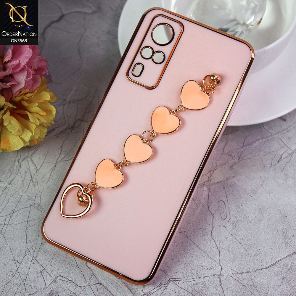 Vivo Y53s 4G Cover - Pink - Electroplated Edges Soft Silicone Heart Chain Fingers Holder Case with Camera Protection