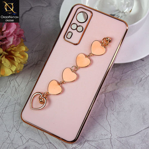 Vivo Y51a Cover - Pink - Electroplated Edges Soft Silicone Heart Chain Fingers Holder Case with Camera Protection